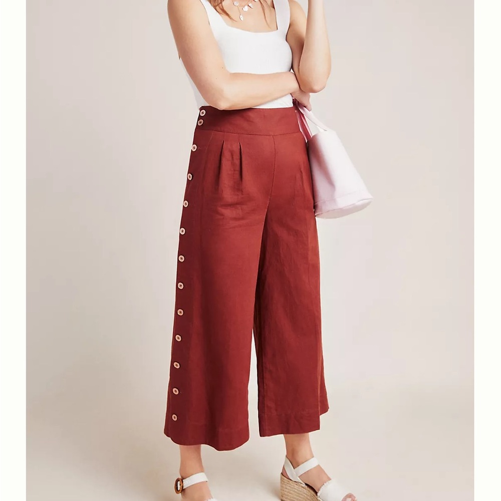Anthropologie Linen Cropped Buttoned Wide-Leg Pants